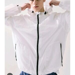 White Windbreaker Jacket‎ Lightweight Hooded Zip Up Raincoat Blank NYC